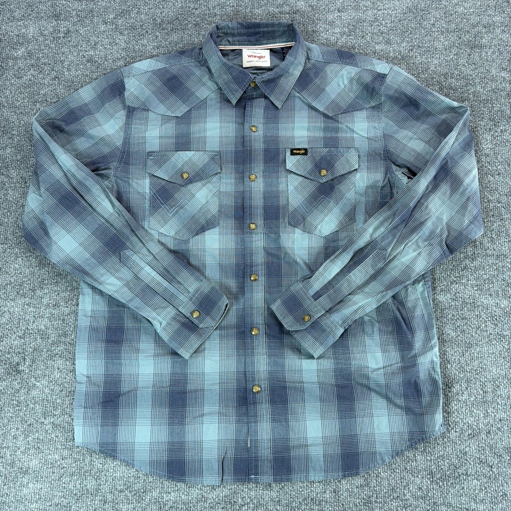 Wrangler Mens Blue Plaid Long Sleeve Western Pearl Snap Shirt Large Brushpopper